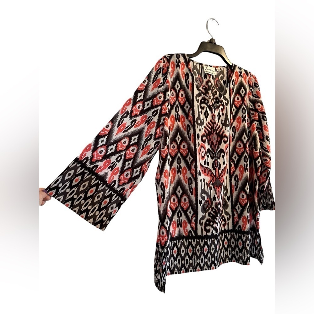 Linea Louis Dell Olio Southwestern Tunic Womens Large Bell Sleeves Black Orange